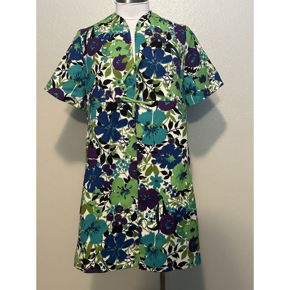 Vintage 1960's Edith Flagg MOD Floral Linen Canvas Pocket Jacket Duster Kimono‎